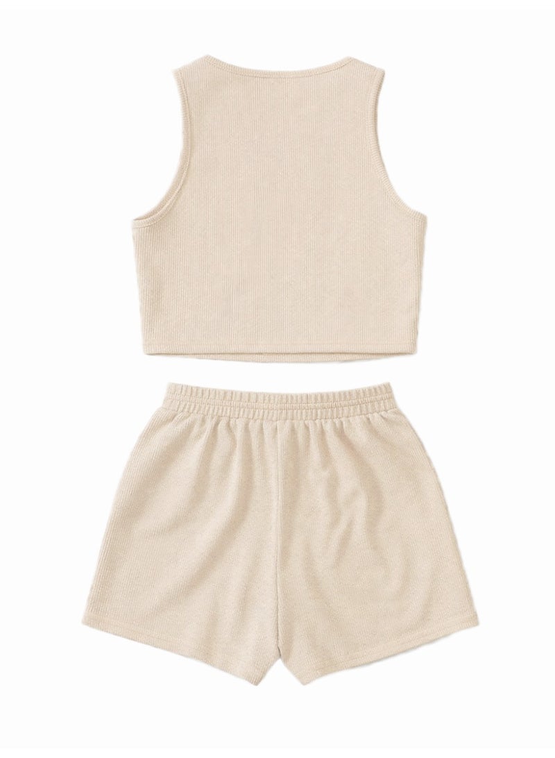 نايلتون طقم ملابس بناتي مكون من توب قصير مضلع وشورت عالي الخصر.  طقم ملابس كاجوال للأطفال - توب قصير وشورت برباط - Image 3